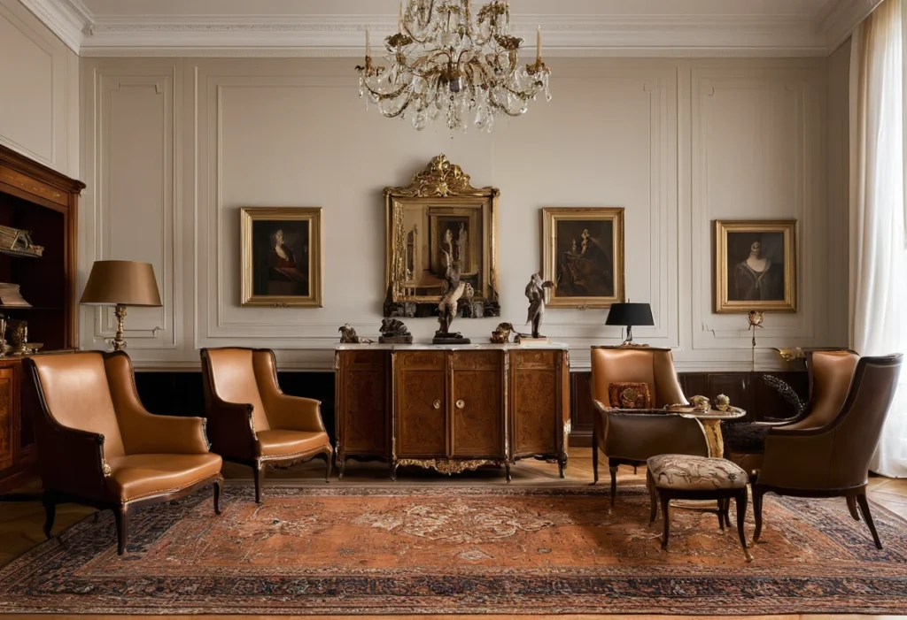 Connoisseur's room combining a period gilded console, signed modern armchairs and a contemporary hand-carved cabinet
