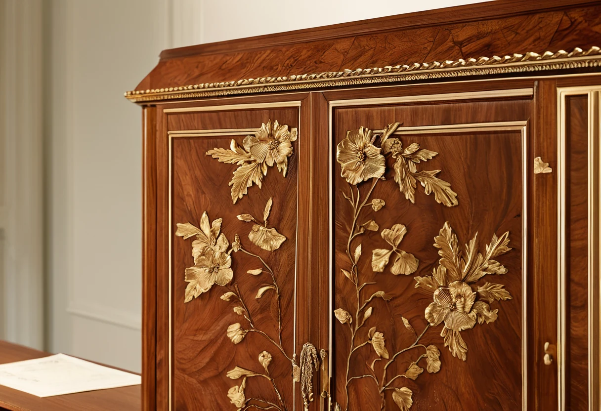 Hand-carved gilded cabinet detail beside its workshop certificate and materials documentation